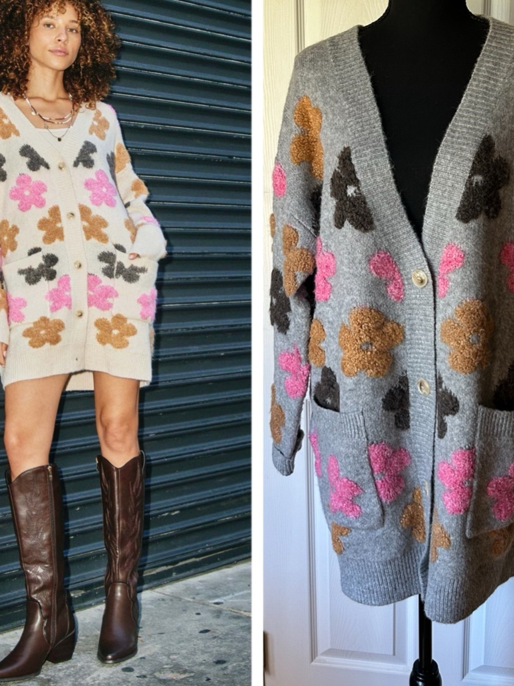 Fuzzy Textured Floral Relaxed Sweater Cardigan IN GRAY